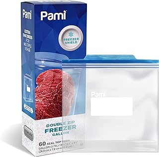 PAMI 60 Ct Reusable Leakproof Gallon Slider Freezer Bags with Expandable Bottom, Double Zipper Closure, Write on Label