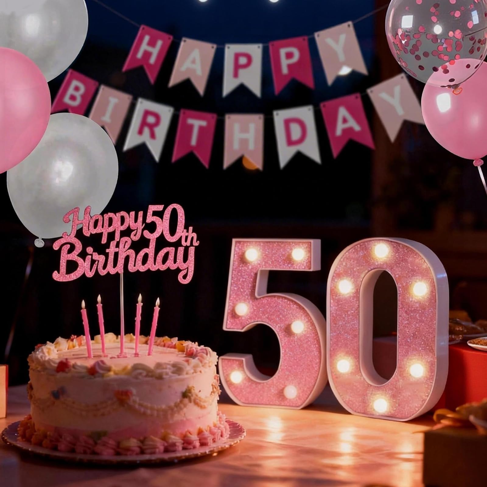 50th Birthday Decorations for Women - LED 50 Light Up Numbers, Pink and White Balloons, Happy Birthday Banner, Cake Topper, Pink Party Decorations Set for Women Celebration โ image 1