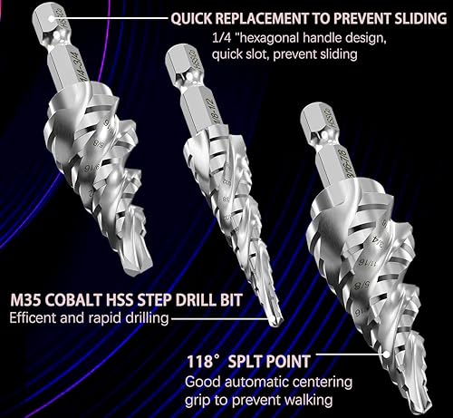 Miniatura 4 de Broca escalonada de cobalto M35 de 18 a 78 pulgadas (3 unidades, 34 tamaños), cuatro flautas helicoidales, taladro de vástago hexagonal de 14 de