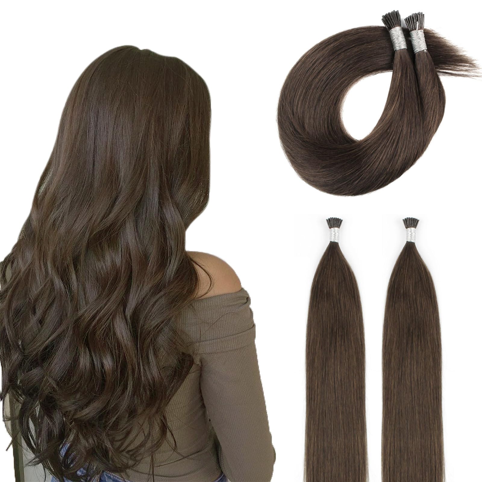 ABH AmazingBeauty Hair I-Tip Hair Extensions Human Hair Color 4 Chocolate Brown Real Human Hair I Tip Hair Extensions 50 Grams 100strands Cold Fusion