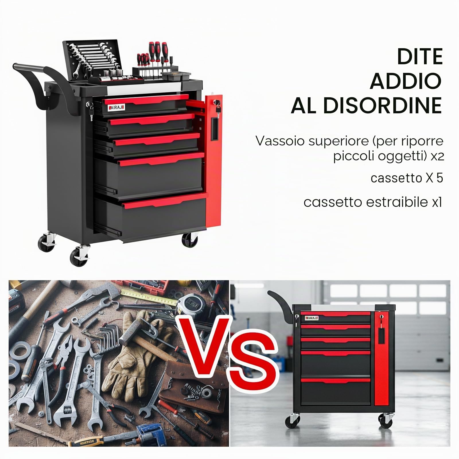 AIRAJ carrello porta attrezzi 5 cassetti con ruote per garage officina