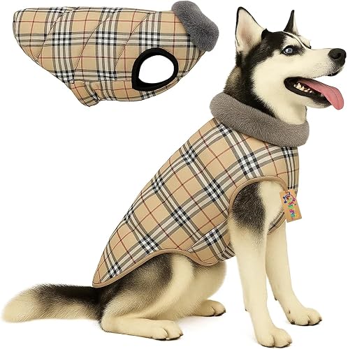 Western Era Dog Winter Fur Coat Beige Check | Fur-Lined Jacket for Cold Weather Soft Collar | Windproof Outfit for Walks & Travel | Dog Sweater | Easy to Wear & Washable (3XLarge - 24inch)