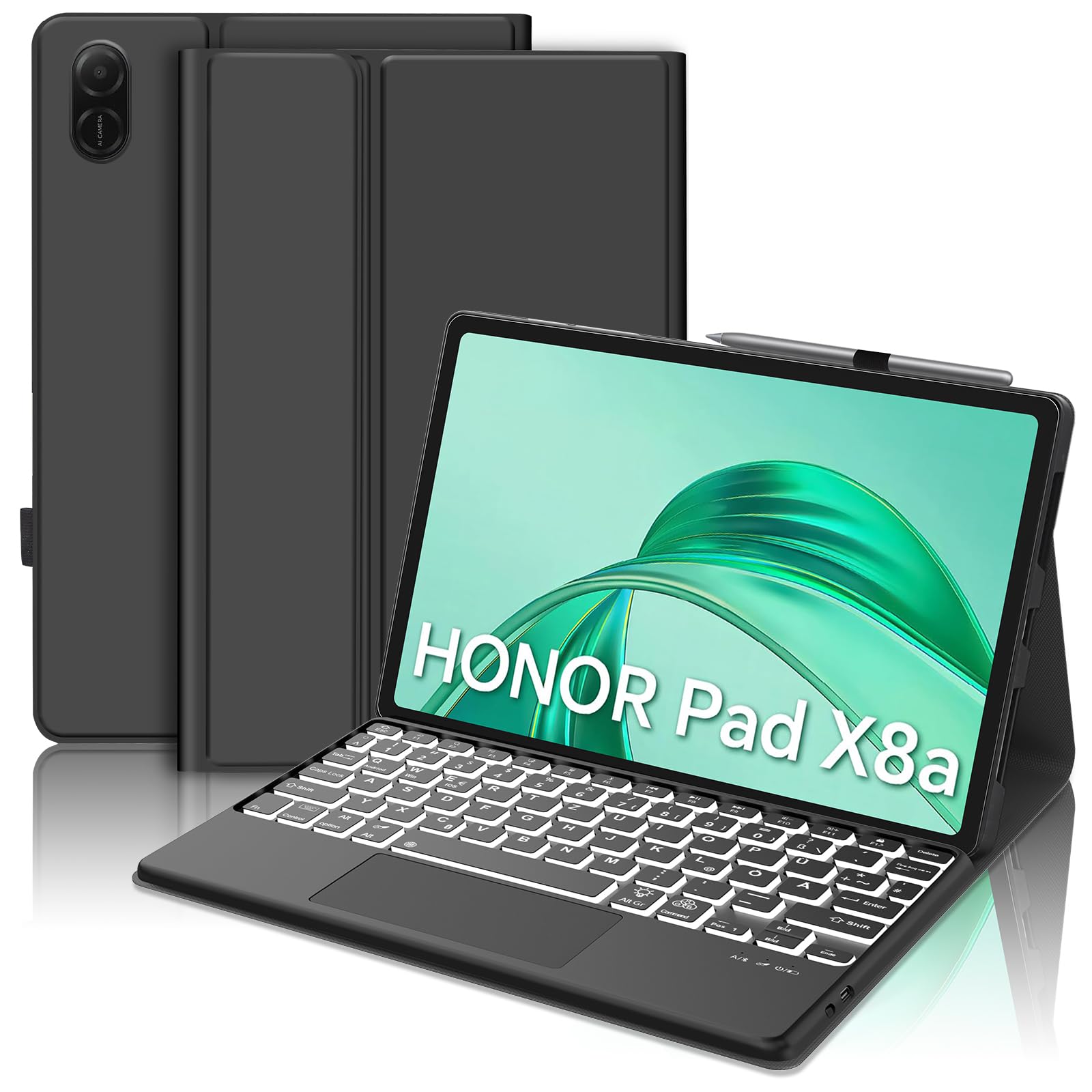 Tastatur Hülle für Honor Pad X8a con Touchpad, Hülle mit Tastatur für Honor Pad X8a 11 Zoll, Bluetooth 7-Farbige Beleuchtung Deutsch QWERTZ Layout Tastatur für Honor Pad X8a 11 Zoll 2024,Schwarz