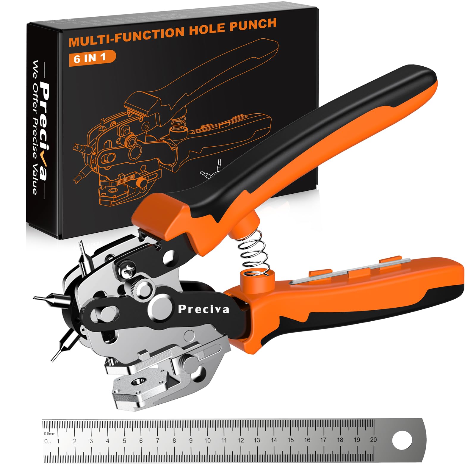 Sponsored Ad - Preciva Hole Punch Plier, Revolving Punch Hole Tool with V-Shaped Cutting Edge Design, 6 Hole Sizes & 20cm Stainless Steel Ruler for Leatherr, Belts, Thin Iron Sheets, Paper Cards, Plastics & Fabrics