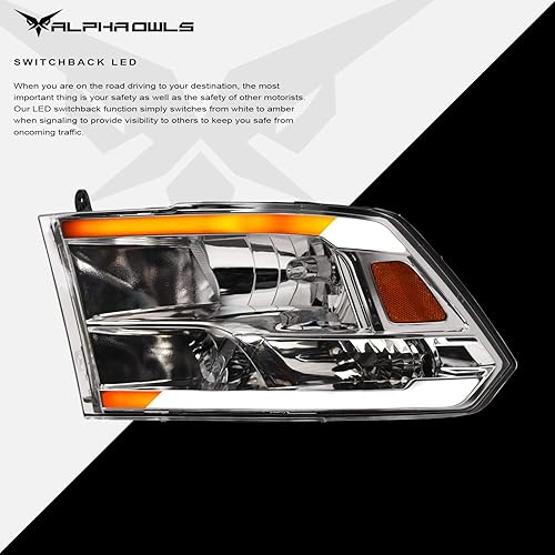 Miniatura 4 de Alpha Owls 8707708 - Faros delanteros de cristal con barra de luz LED secuencial Switchback y luz de arranque, ámbar cromado, se adapta a los