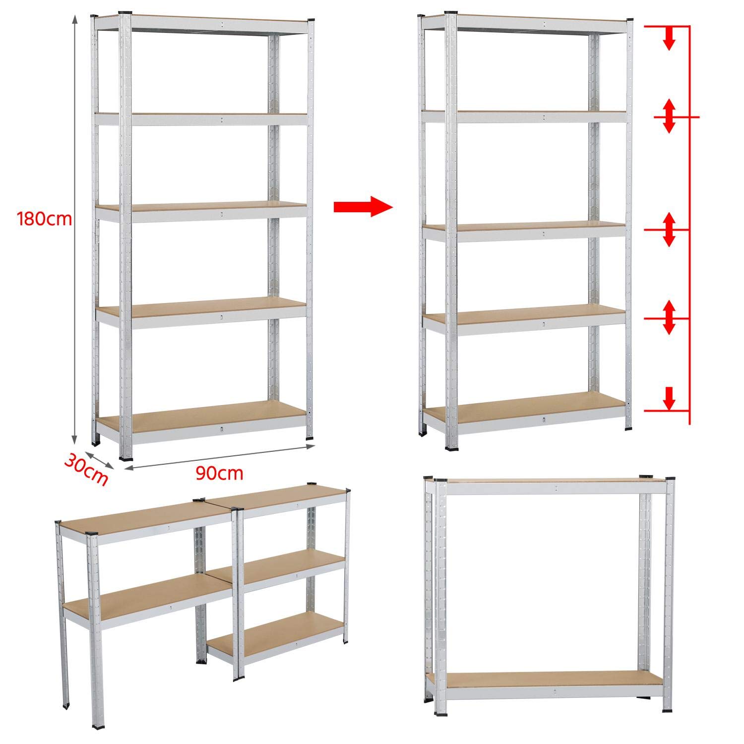 Yaheetech Set di 2 Scaffale Metallo con 5 Ripiani Regolabili 180x90x30 cm