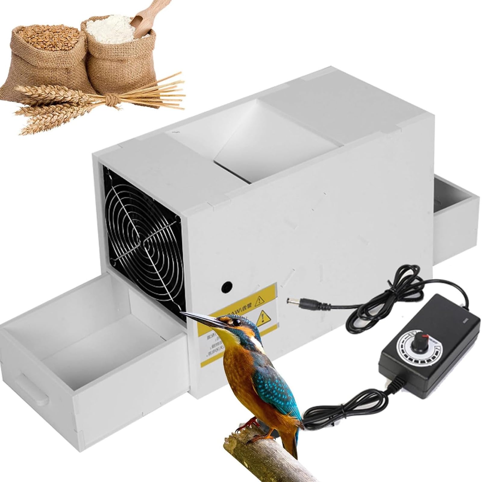 Elektrisches Vogelfuttergebläse und Getreidegewinnmaschine mit verstellbarem Ventilator, Dual-Schubladen-Samenreiniger für Hirse, Getreide, Vogelfutterverarbeitung