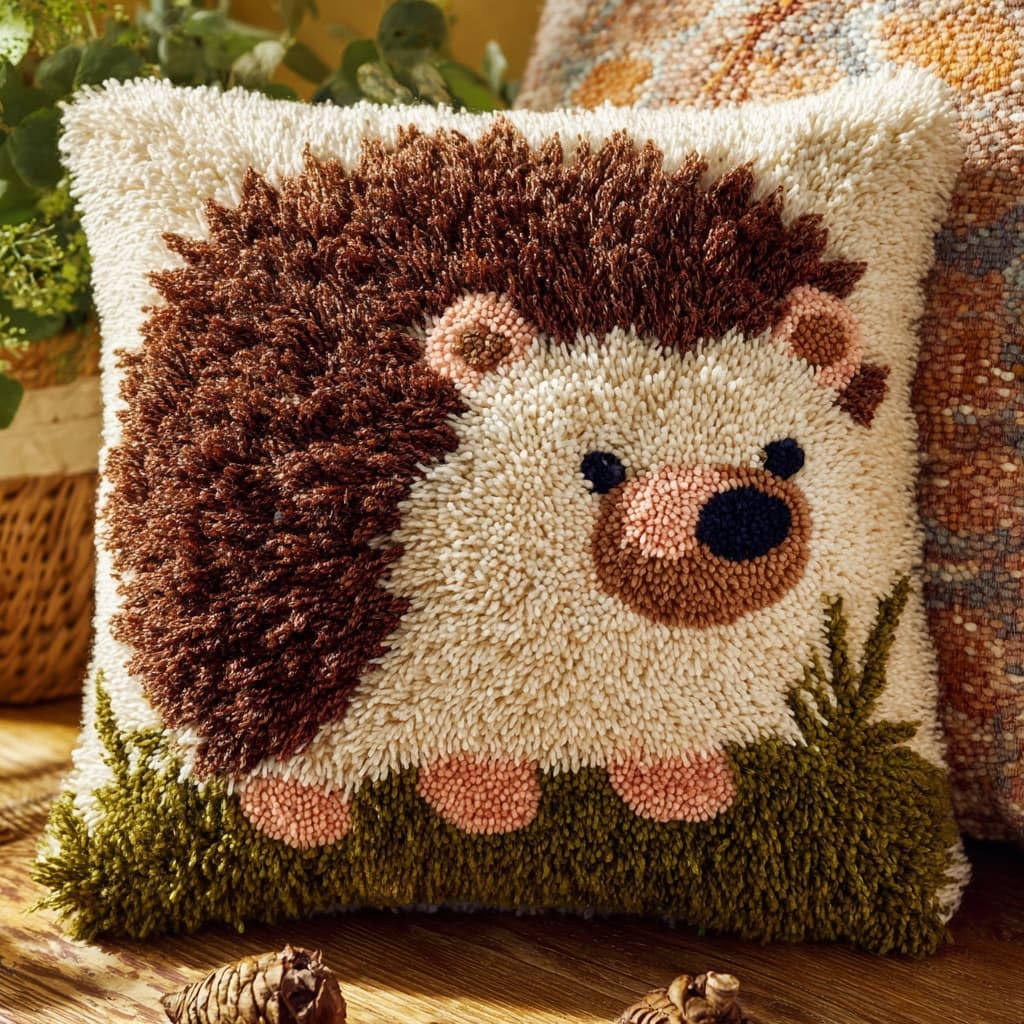 Henypt Latch Hook Cushion Kits Latch Hook Pillow Case Kit, Hedgehog