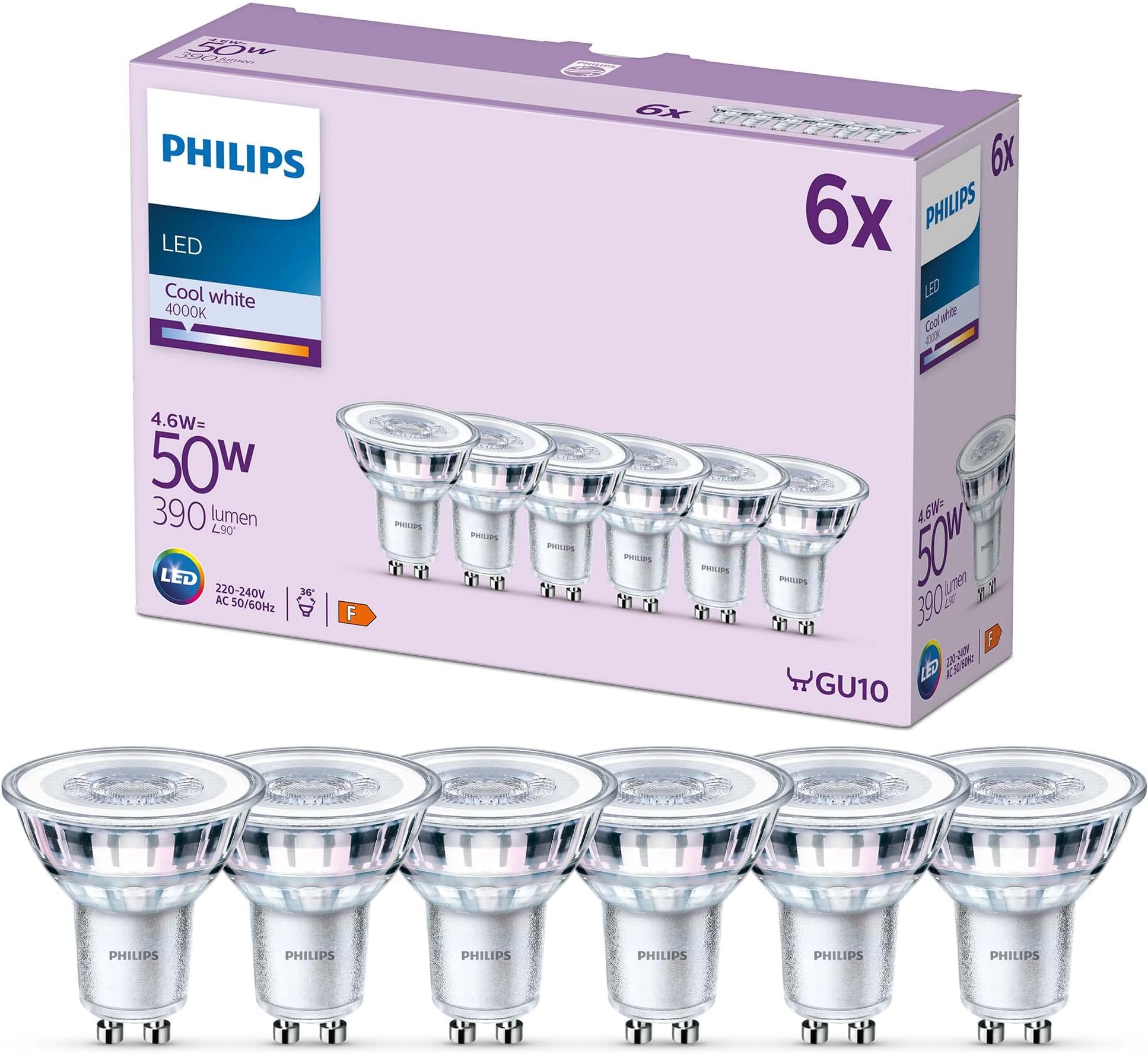 Philips LED Classic Spot Light Bulb 6 Pack [Cool White 4000K - GU10] 50W, Non Dimmable. for Home Indoor Lighting