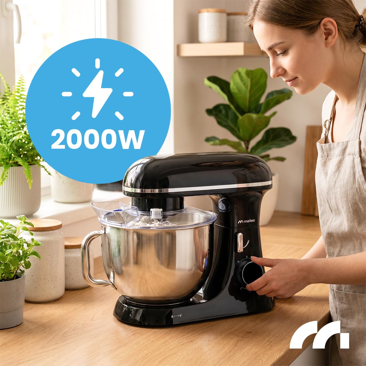 MalTec Küchenmaschine 2000W mit 7L Edelstahlschüssel und planetarischem Rührwerk, mit Knethaken Schneebesen Flachrührer Eiertrenner Pulsfunktion LED-Drehregler Spritzschutz, für Backen und Kochen