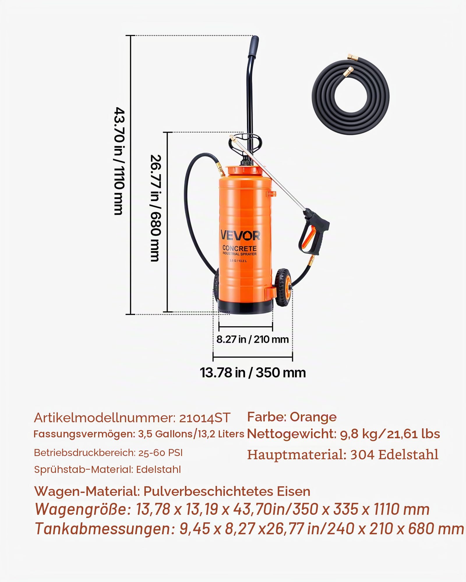 VEVOR Drucksprüher, Sprühgerät, Industrieller Betonsprüher mit Rolle, 13,2 L Edelstahlsprüher, Hochleistungs-Pumpsprüher, inkl. Schläuche, 2 Messingdüsen, ideal für BAU, Rasen und Garten