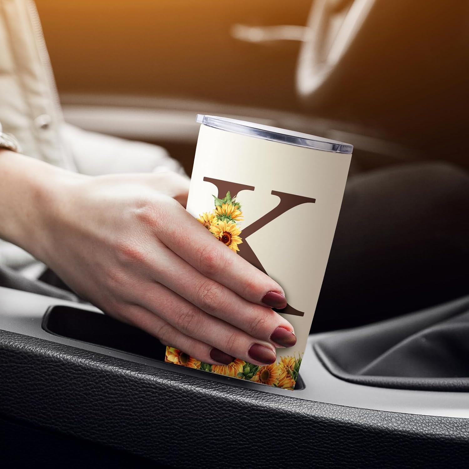 Sunflower Gifts for Women - Personalized Gifts for Women - Birthday Gift for Woman - Mothers Day Gift for Mom - Monogrammed, Initial 20oz Travel Cup Insulated Tumbler with Lid, K - Image 7