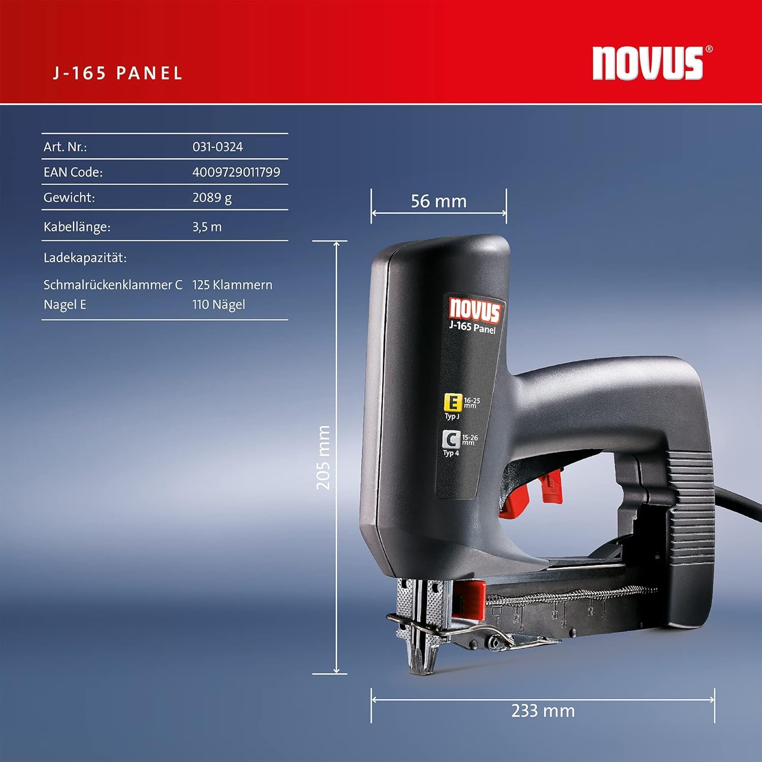 Novus Elektrotacker J-165 für Schmalrückenklammern und Nägel | Rückschlagarmer Paneel-Tacker mit Nachschlagfunktion, Schlagkrafteinstellung, Präzisionsnase, Klammerfüllstandsanzeige