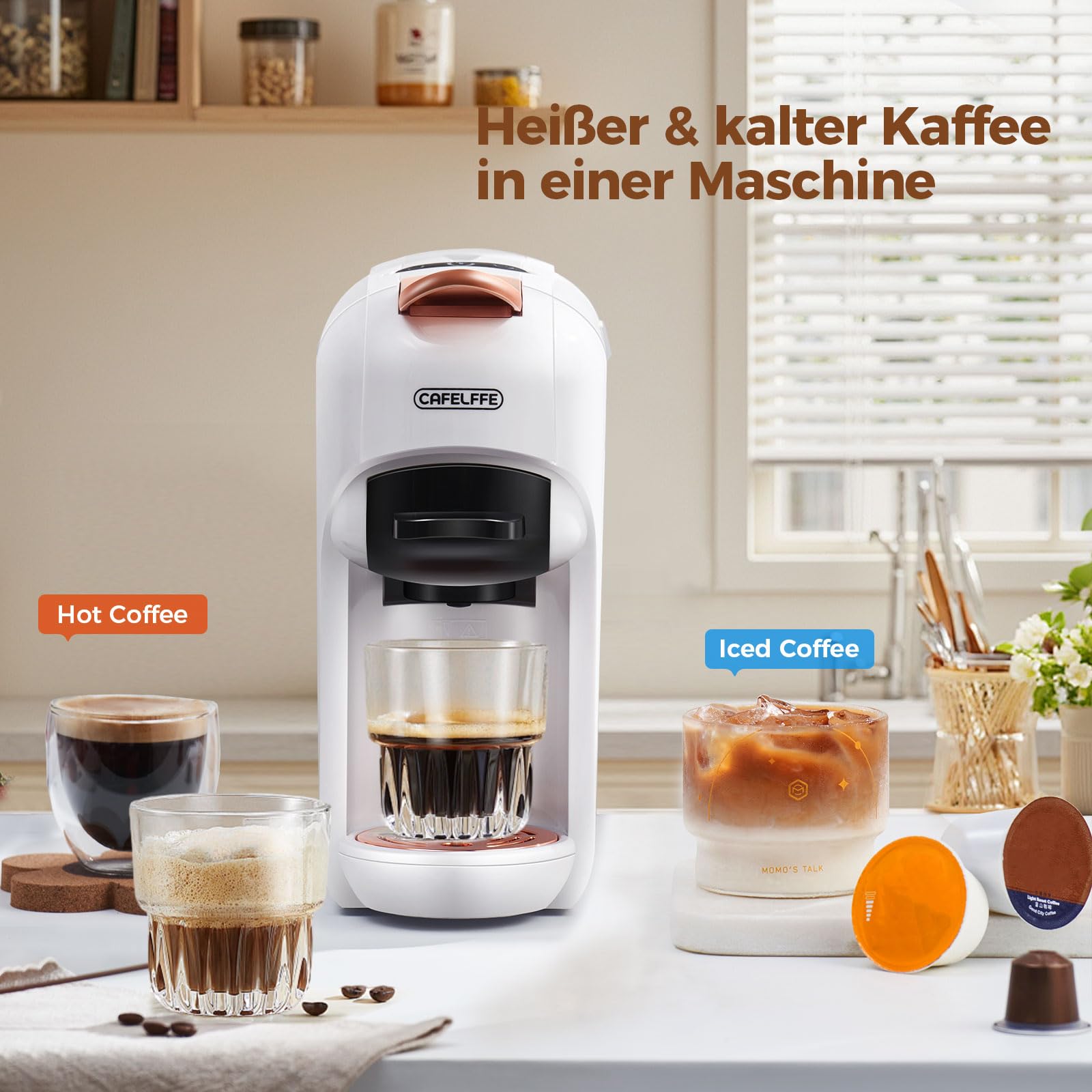 CAFELFFE MK-606 ekspres do kawy na kapsułki 5 w 19 barów, ekspres do kawy na gorąco/zimno, kompatybilny z K-Cup/NES Original/DG/44 mm ESE kapsułkami i kawą mieloną, 7 poziomów wody