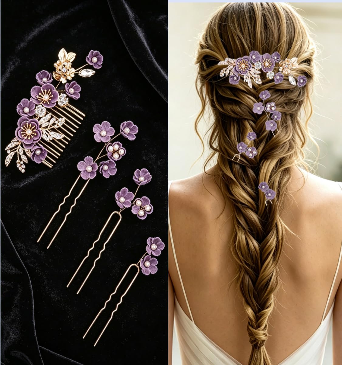 Rhinestone Flower Hair Pieces Bridal Purple Flower Hairpins Hair Comb Set for Bride Bridesmaid（4pcs）