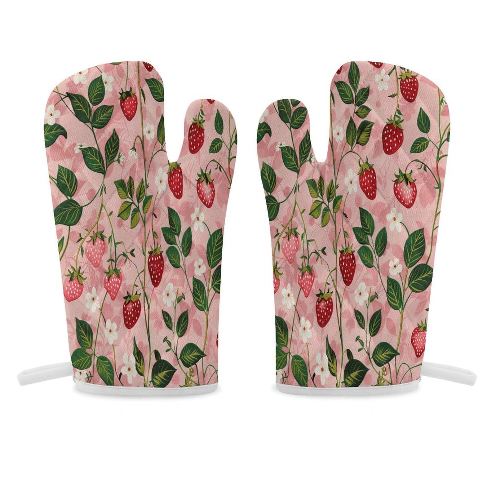 Peach Strawberry Print Oven Mitt Heat Resistant Potholder Set,Durable Oven Gloves for Gifts,Glove Pot Holder for Cooking Baking Grilling BBQ