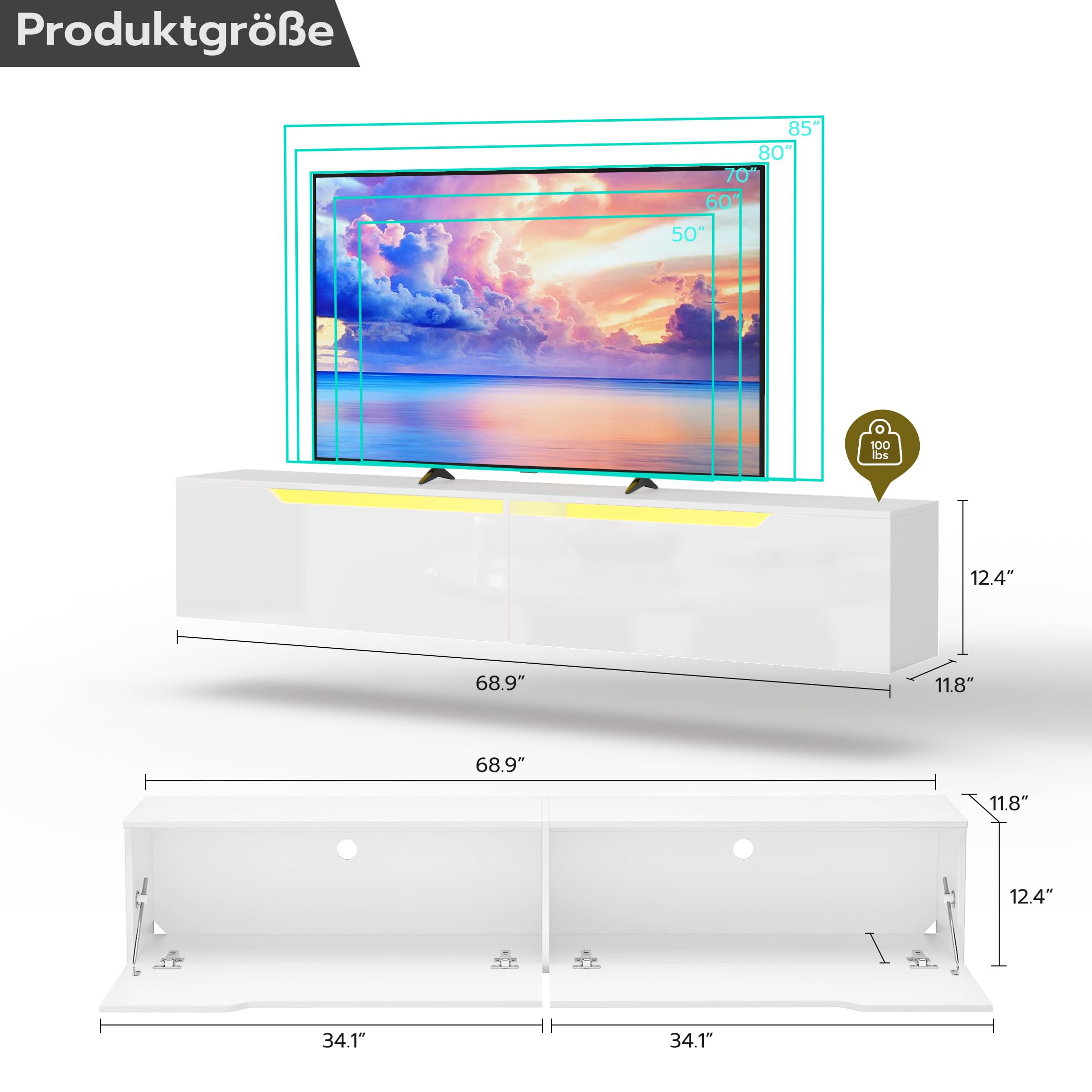 Hängender TV-Schrank mit LED-Leuchten, TV-Ständer TV-Konsole Unterhaltungszentrum mit 2 Aufbewahrungsschränken für das Wohnzimmer, 16 Farben können eingestellt Werden, 175 x 32 x 30cm (Weiß)