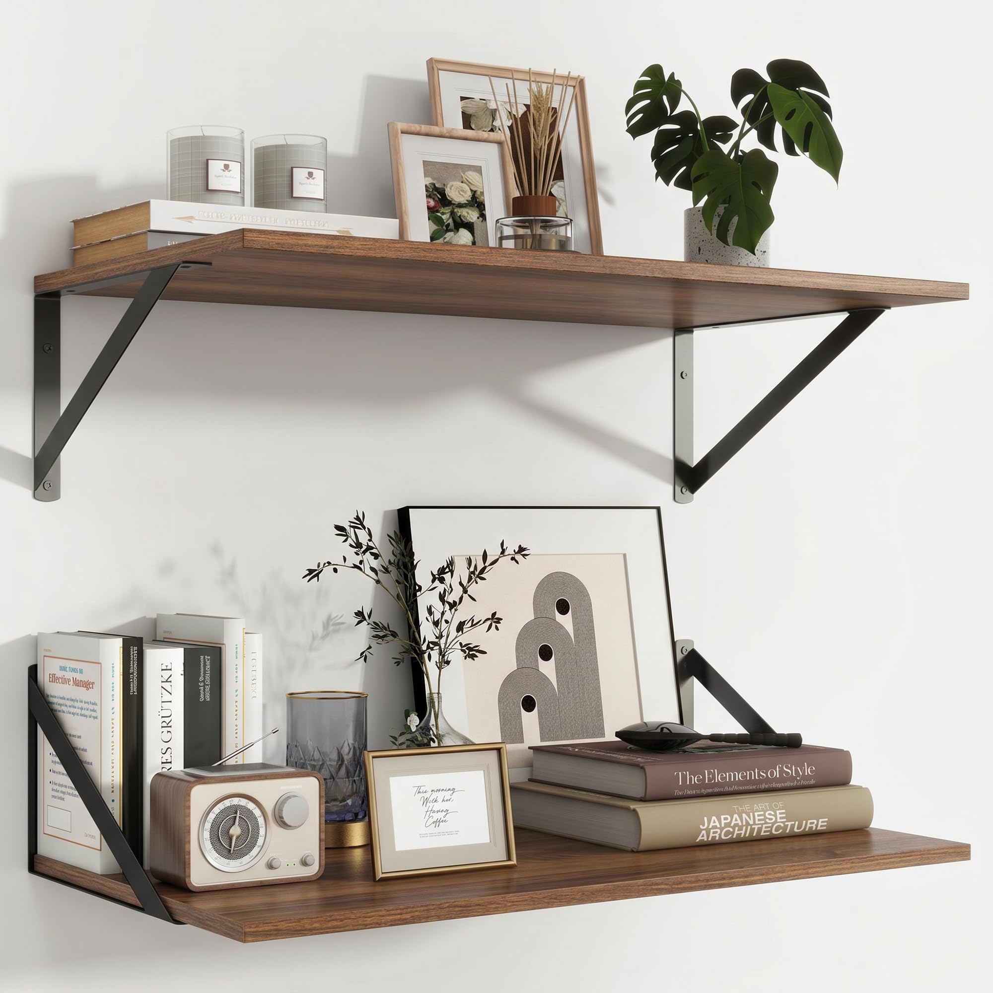 Feihorrm Shelves for Wall Set of 2, 60 x 30 cm Deep Wall Shelves, Walnut Wooden Shelves with Metal Brackets, Wall Shelf for Living Room, Bedroom, Kitchen, Bathroom and Office