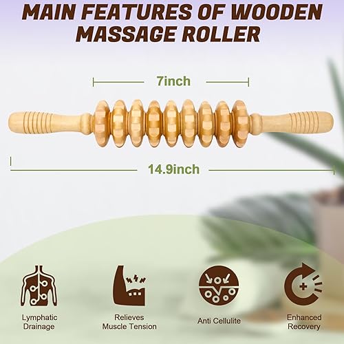Miniatura 6 de Rodillo de masaje de madera para fascia, barra de masaje de liberación miofascial de mano con perillas de punto de activación para tejido profundo,