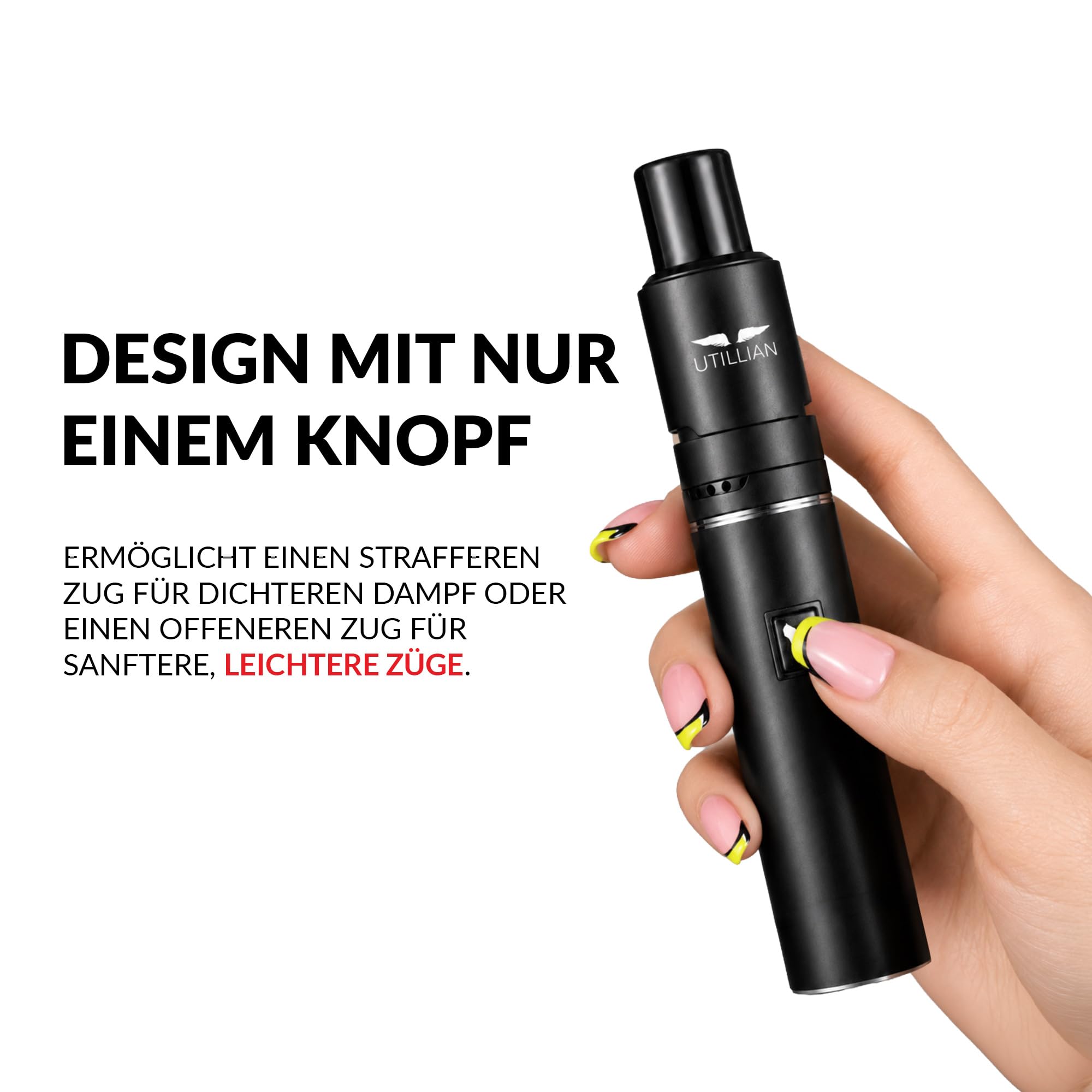 Utillian 5 V4 Wax Pen | Konzentrat Vaporizer mit 2 Spulen | 4 Spannungseinstellungen | Integriertes Dab-Tool | Einstellbarer Luftstrom | 1500-mAh| USB-C Aufladen (Schwarz)