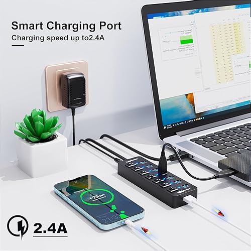 Miniatura 3 de Hub USB 3.0 alimentado, concentradores VEMONT de 7 puertos múltiples USB y 1 puerto de carga inteligente USB con fuente de alimentación de 5 V3 A,