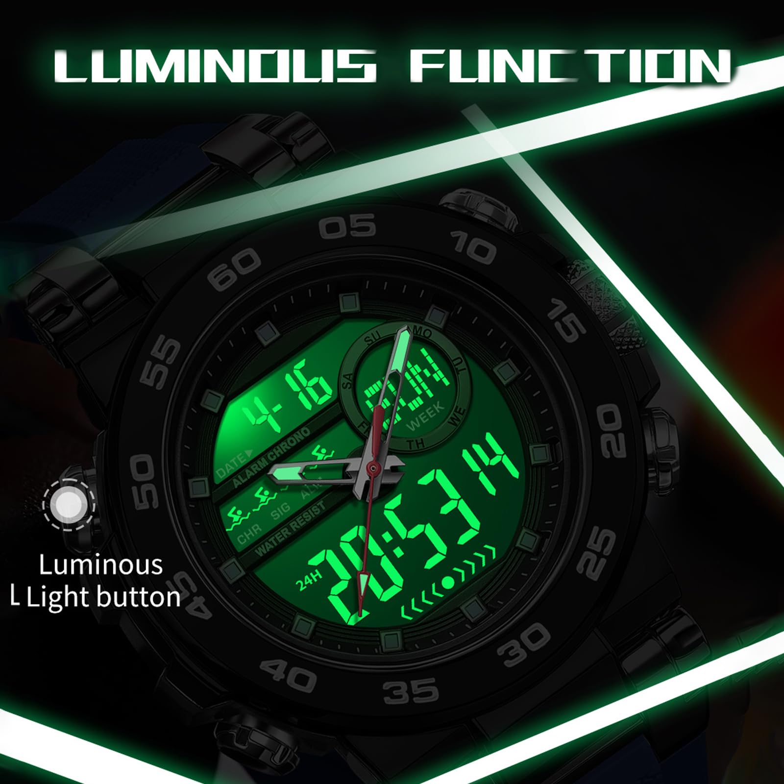 findtime Reloj digital táctico militar para hombre, resistente al agua, 5 ATM, reloj analógico con retroiluminación LED de 12/24 horas, alarma, cronómetro, timbre cada hora