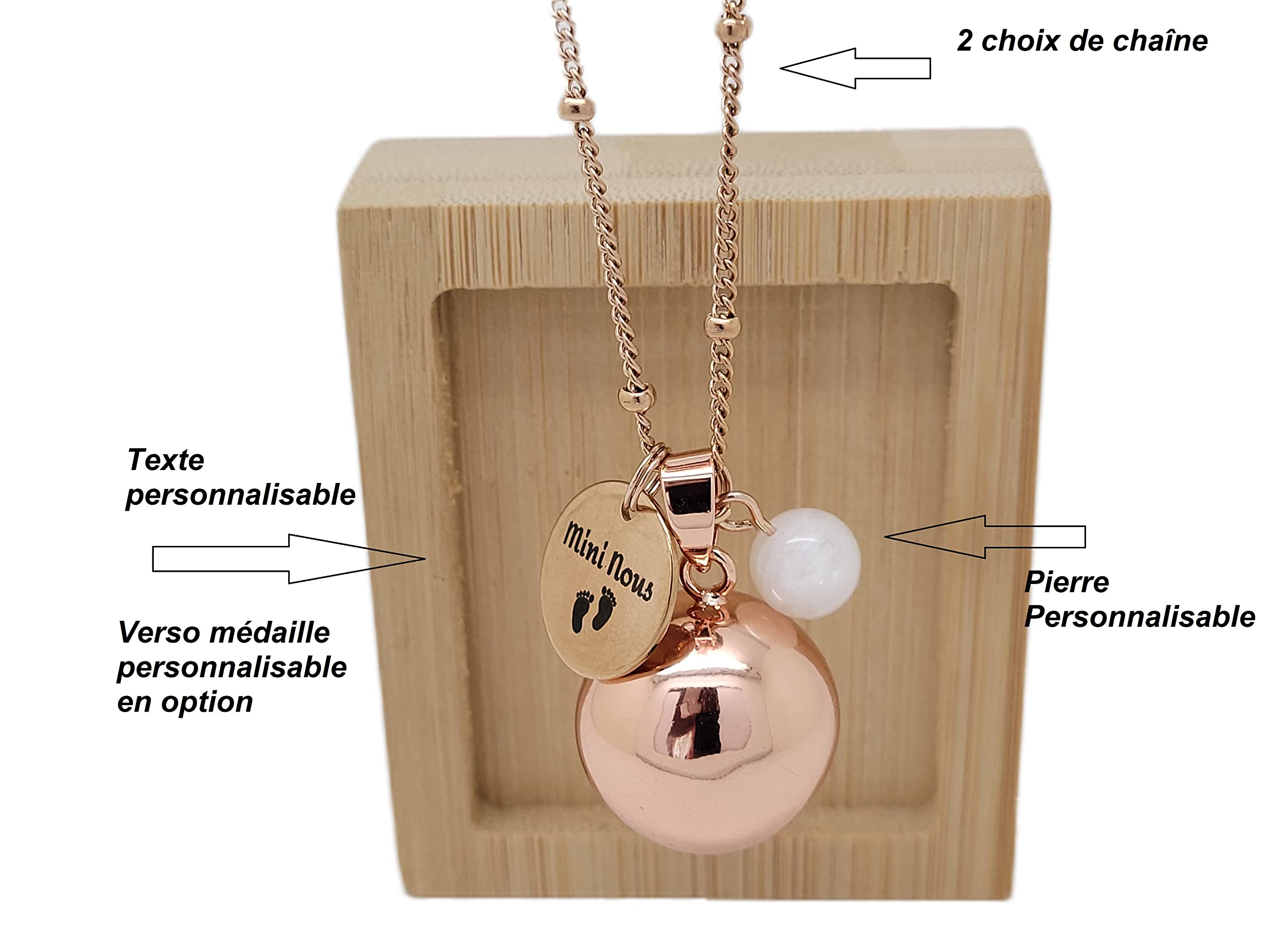 Bola de Grossesse Lisse Personnalisable Ton Or Rose Médaille Gravée Mini Nous Petits Pieds Chaîne Satellite Pierre Fines cadeau future maman