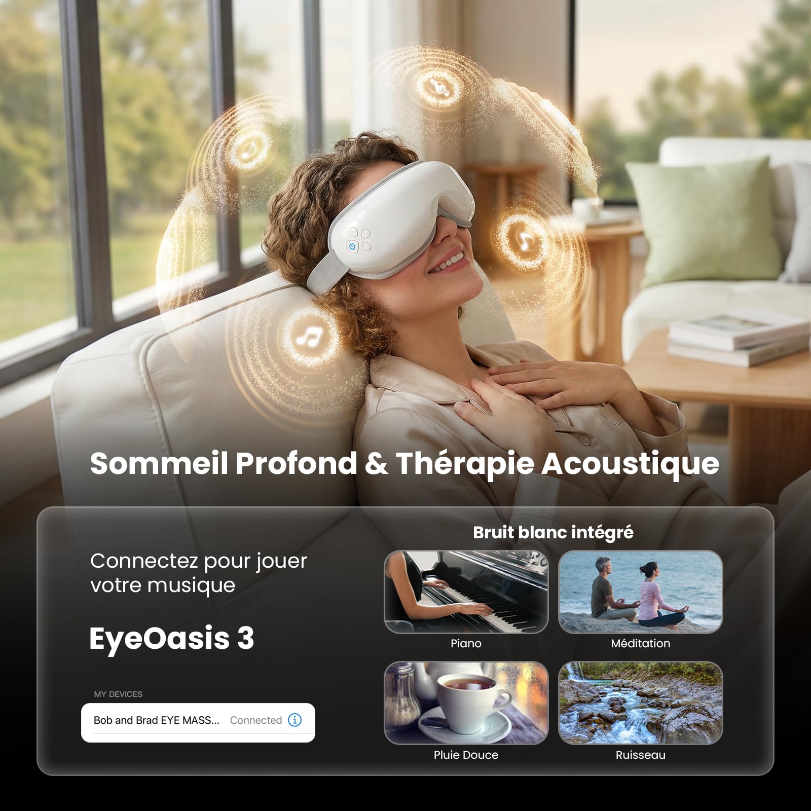 Bob and Brad Masque Massage Yeux, EyeOasis 3 Masseur Oculaire Chauffant avec Musique, Masque Gel Rafraîchissant, Migraine et Yeux Fatigués, Cadeau Fête des Pères Anniversaire Homme Femme
