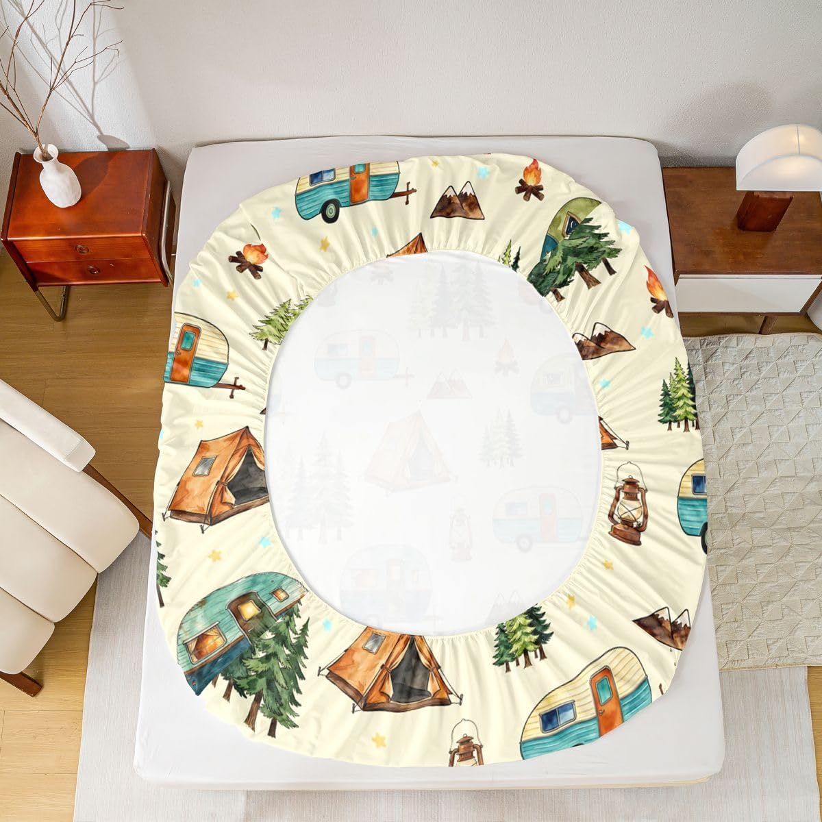 Happy Camping Bedding Set Full Camper Rv Trailer Fitted Sheet Cartoon Camper Car Bed Sheets for Kids Boys Girls,Nature Outdoor Adventure Bed Cover 3 Pcs