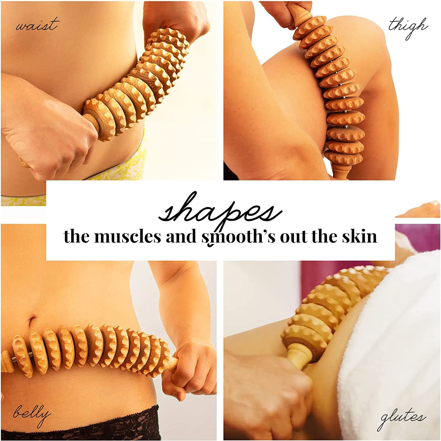 tuuli Set de masaje anticelulitis, masajeador de espalda, rodillo de masaje de espalda, rodillo con mango, maderoterapia de madera