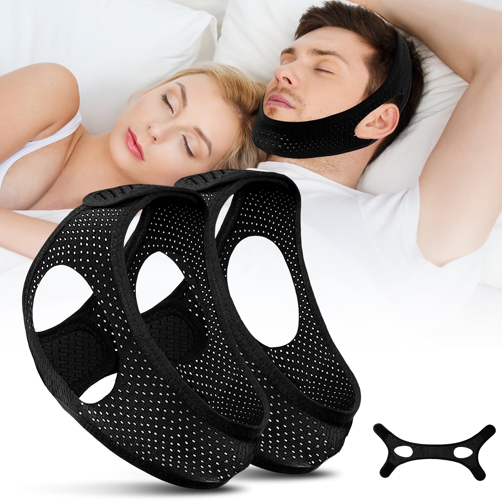 Upgraded Chin Strap for Sleeping 2 Pack, Anti Snoring Devices to Stop Snoring for CPAP Users, Snore Stopper for Sleeping Adjustable & Breathable for Men, Women (Black+Black)
