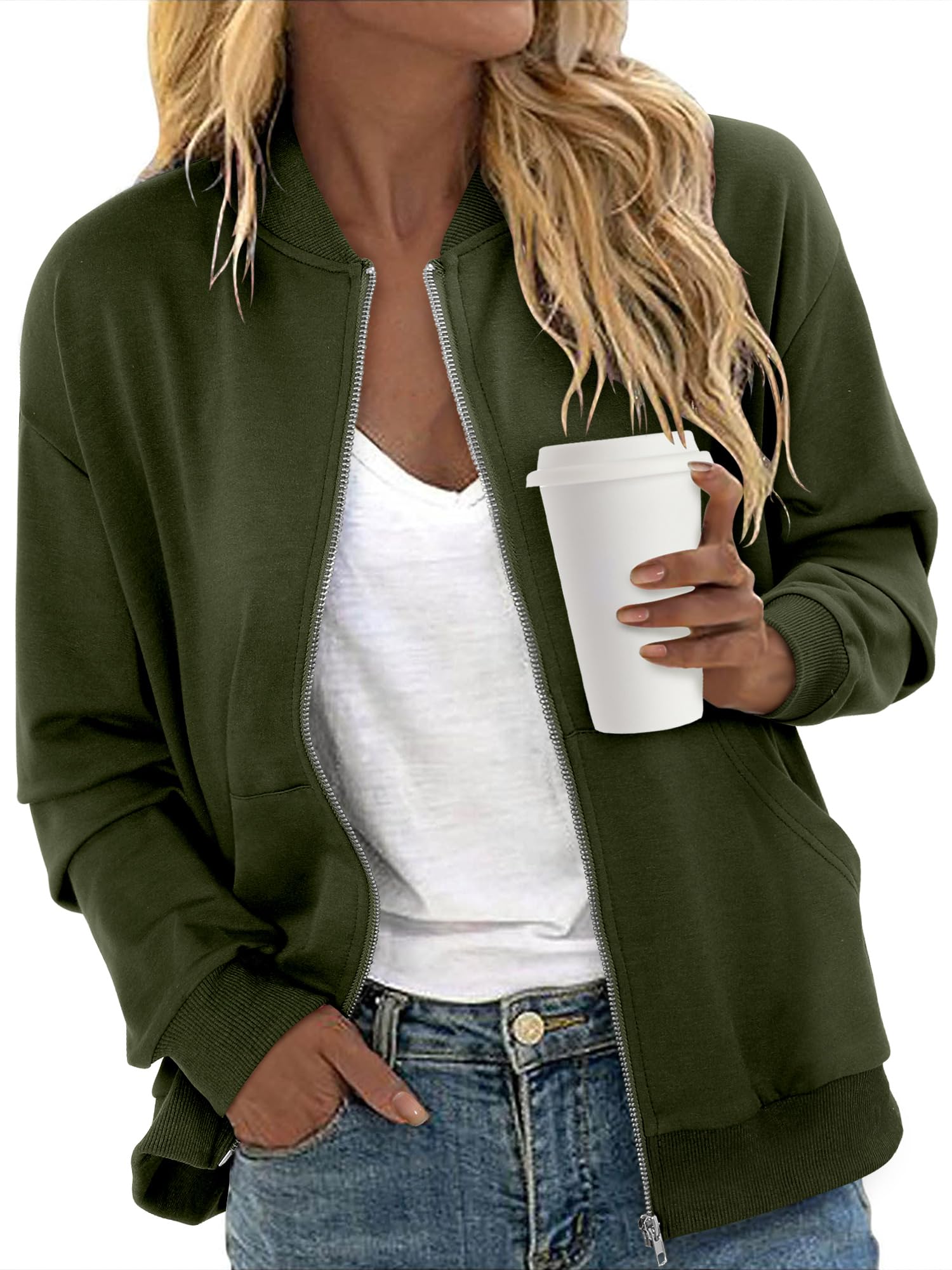 Women's Zip Up Jacket Casual Long Sleeve Sweatshirts Fall Coat Outerwear Windbreaker with Pockets S-XXL