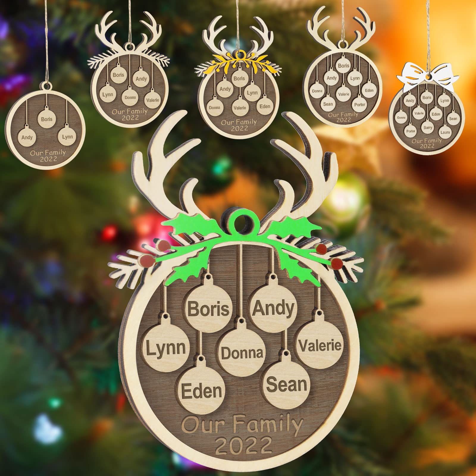 Personalised Christmas Ornament Family of 1 2 3 4 5 6 7 8 9 10,Custom Names Wooden Christmas Tree Ornament Customised Christmas Decoration Gifts(Antlers with Green Branches,7 Names)