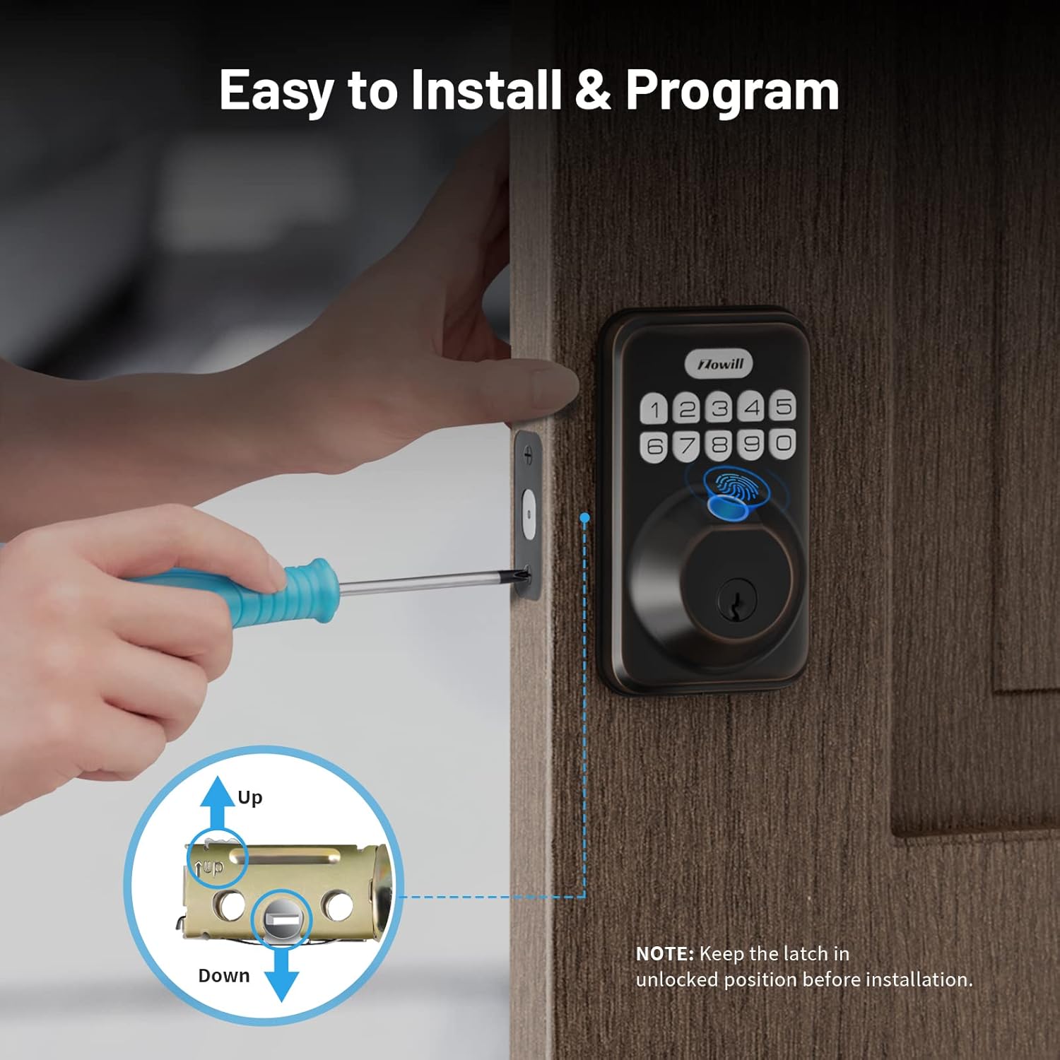 Image showing a hand using a screwdriver to install the Zowill smart lock, highlighting easy installation.