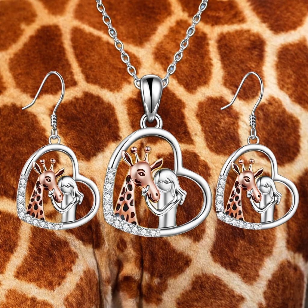 SUPAC Sterling Silver Giraffe Heart Pendant Necklace with Crystals