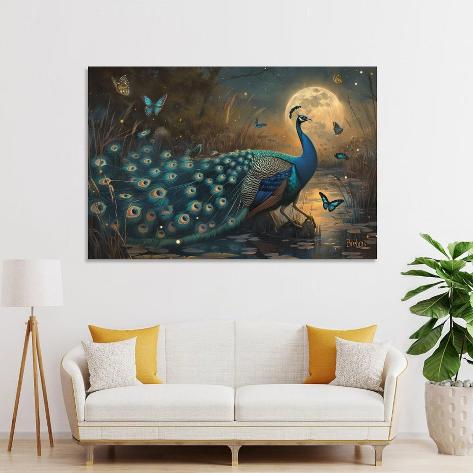 Junmoney Unframe-Style Canvas Art Print Peacock With Full Moon, 20X30inch(50X75cm), For Office, Study Or Home Workspace, Wall Art That Adds Style To Work Areas