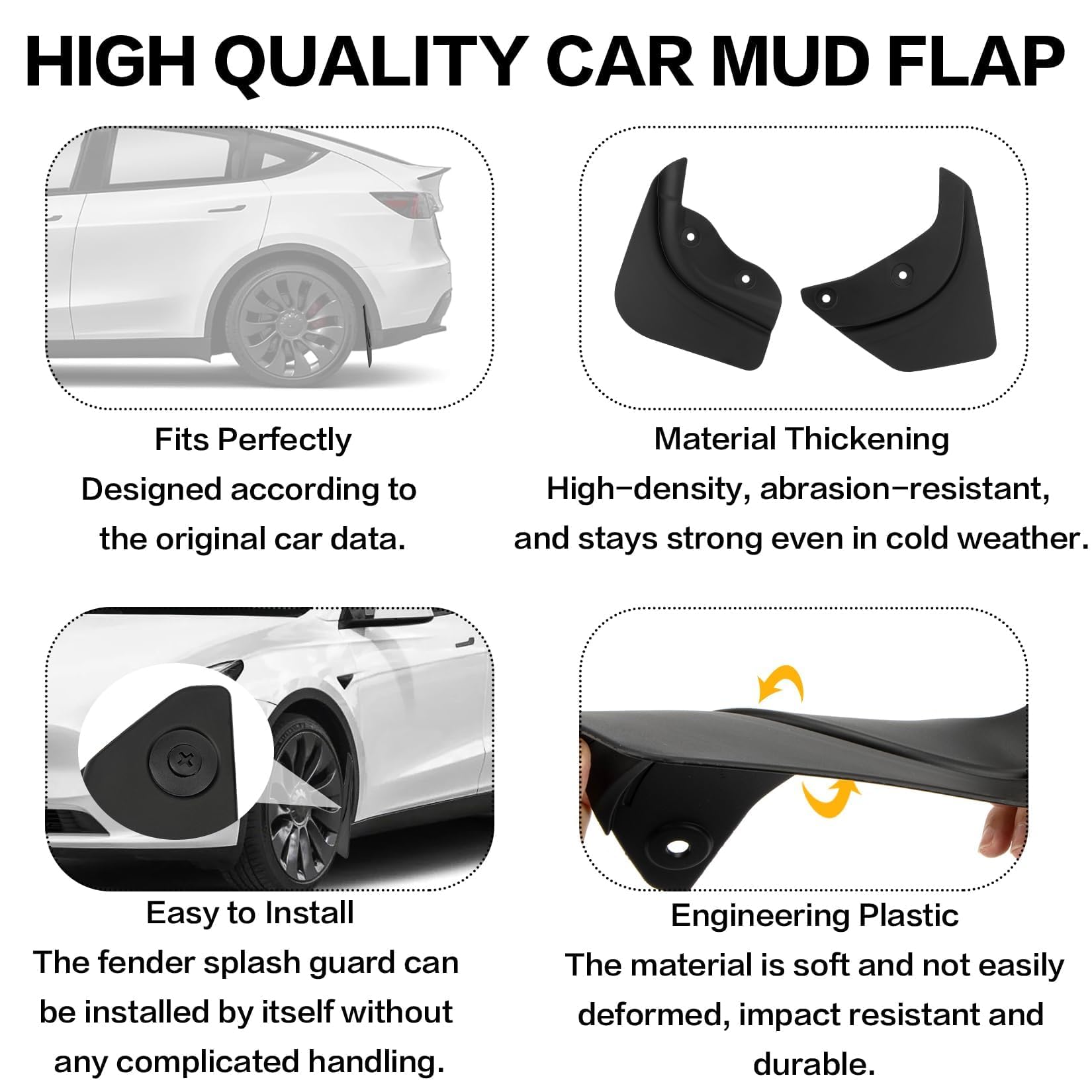 Set Paraspruzzi Per Tesla Model Y 2021-2024 - 4 Pezzi Anteriori E Posteriori, Installazione Senza Fori, In ABS Termoplastico