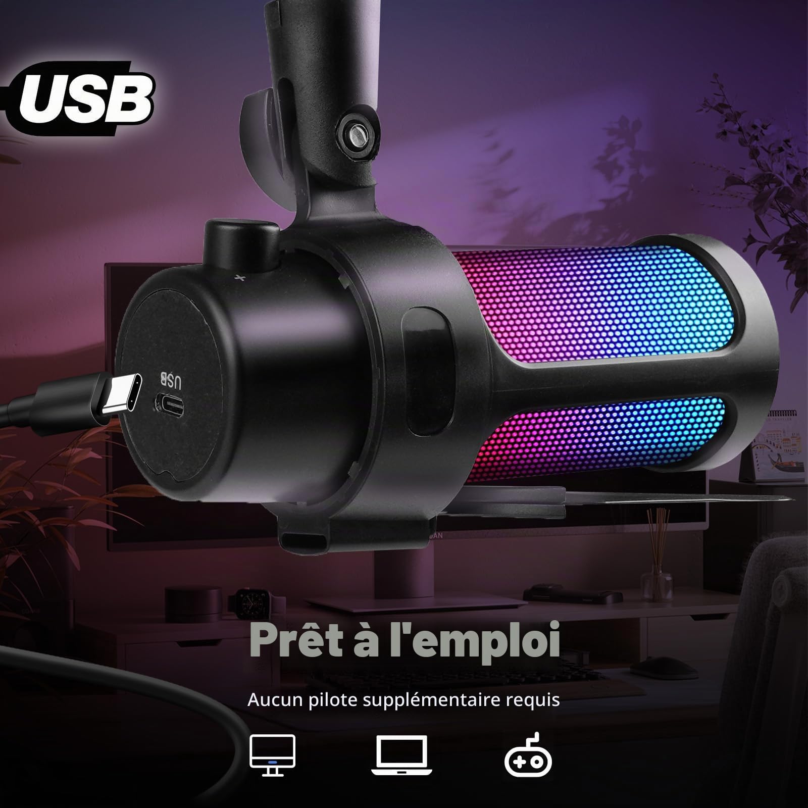 VCOM Micro Gaming avec Bras PC, RGB Condensateur Microphone avec Bruit/Muet