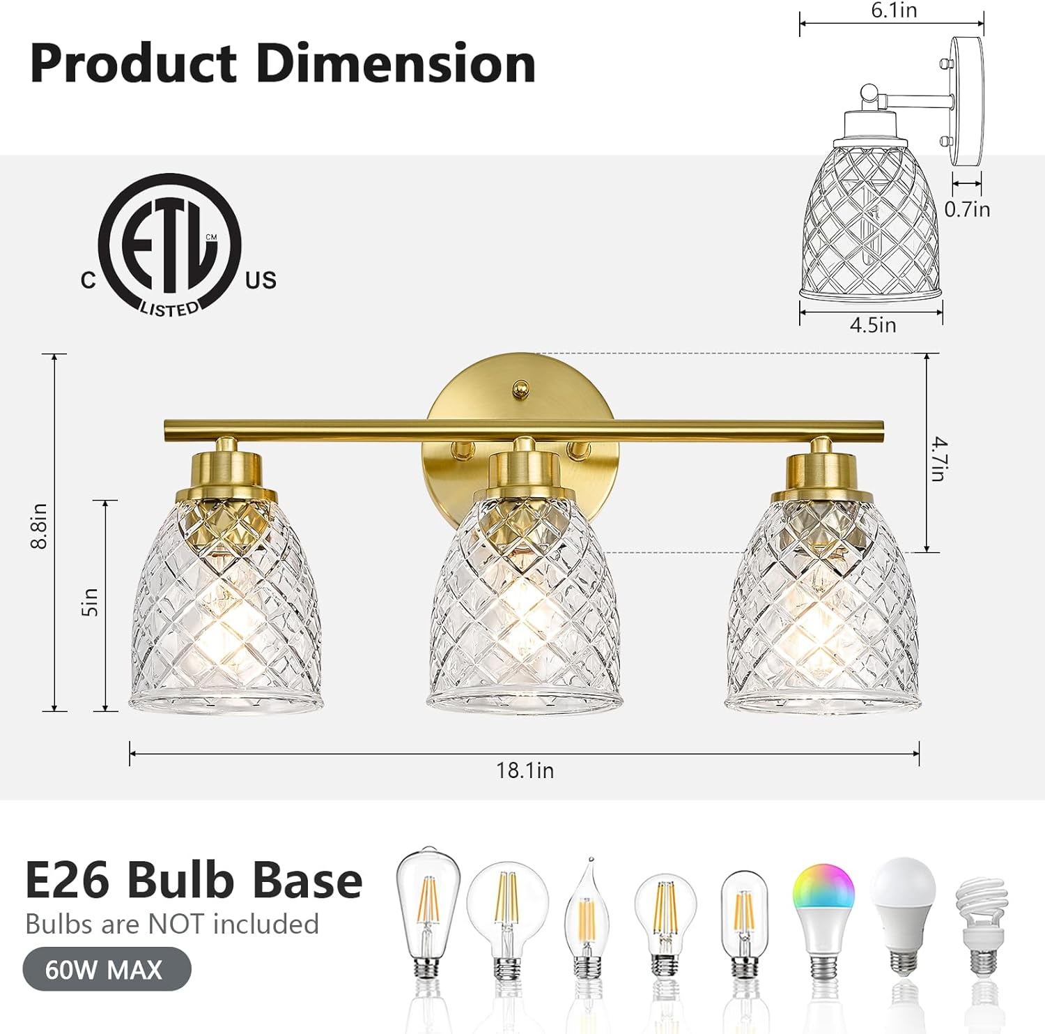 3-Light Bathroom Light Fixtures, Modern Brushed Gold Vanity Light Over Mirror, Wall Sconce with Clear Hammered Glass Shades, E26 Base (Bulbs Not Included)