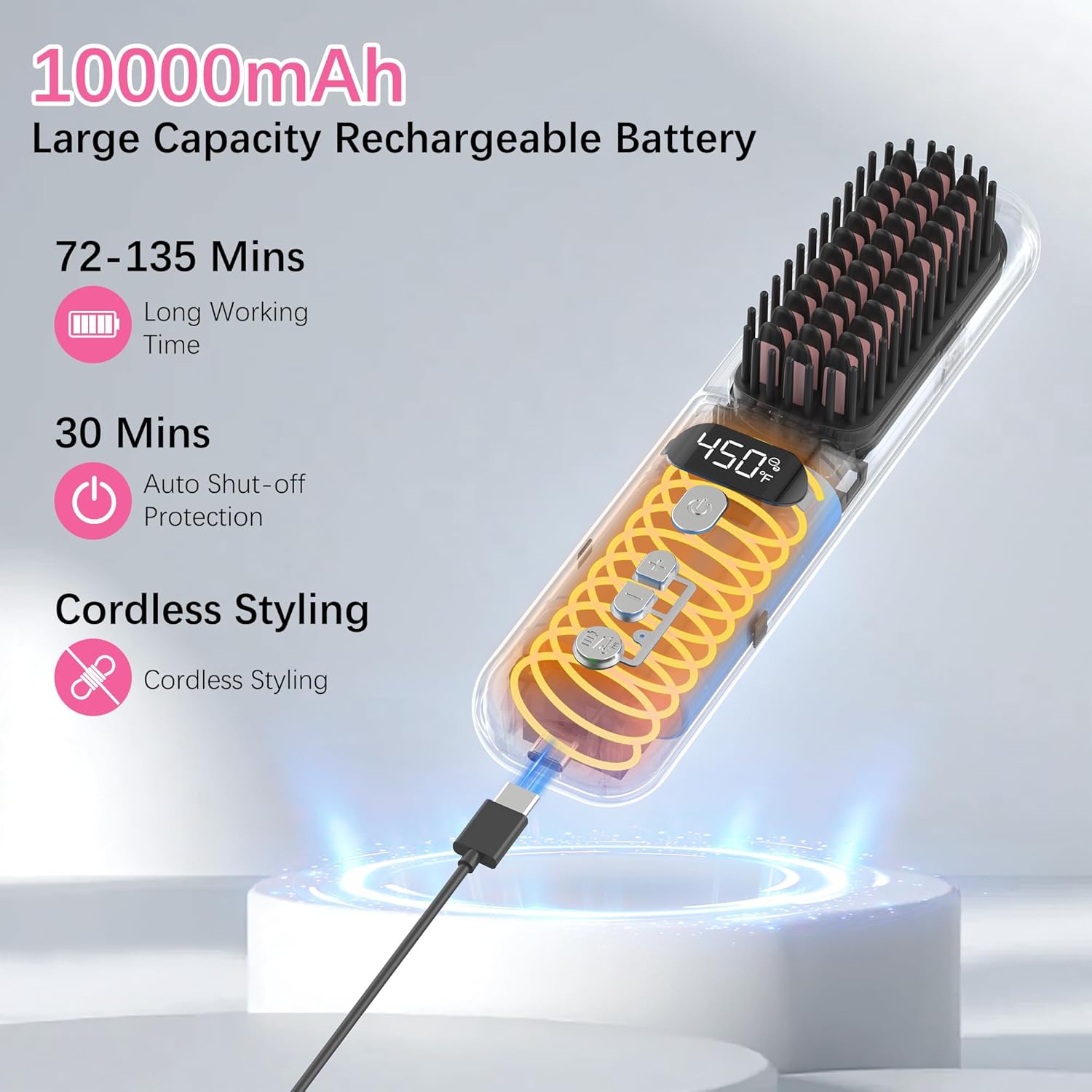 Wireless Hair Straightener Brush - Portable Straightening Comb for Travel with Titanium Ceramic and Negative Ion, Mini Hot Comb with 9 Adjustable Temperature Levels and 30Min Auto Shut-Off - Image 5