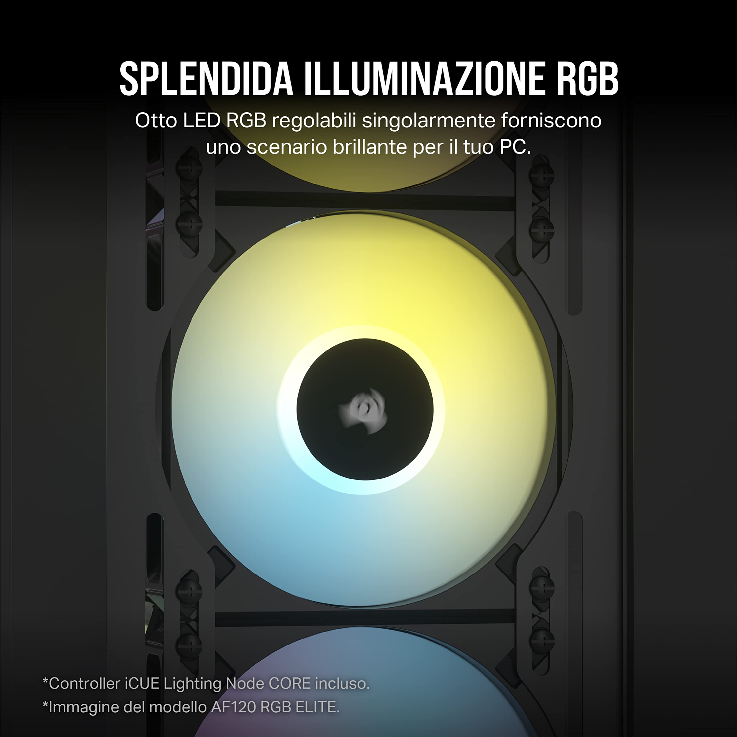 Corsair iCUE AF140 RGB ELITE da 140 mm Kit di Due Ventole PWM - Otto LED RGB su Ogni Ventola - Tecnologia AirGuide - Controller iCUE Lighting Node CORE Incluso - Nero