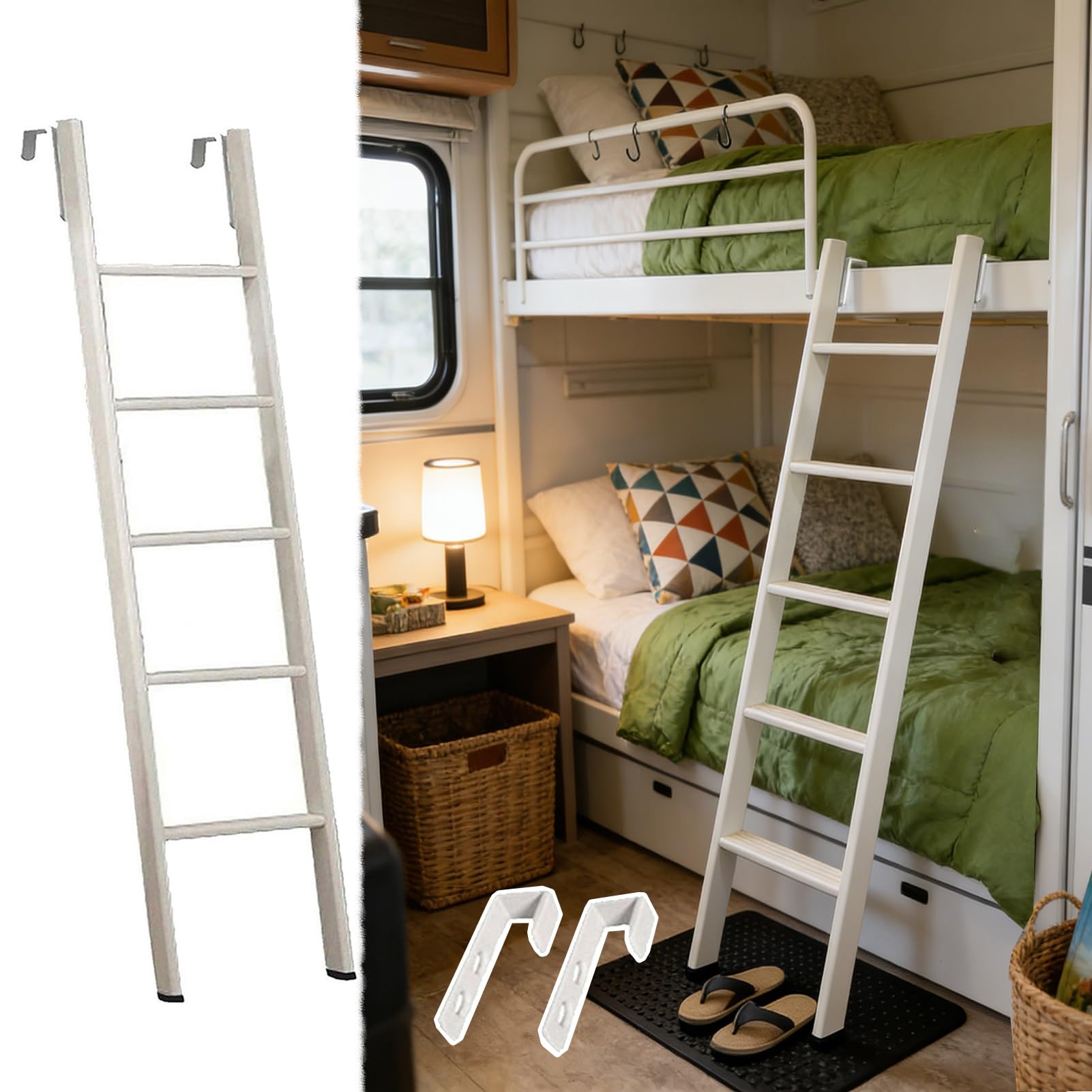 Escalera de cama litera blanca de 170 cm delantera para altillo de autocaravana con cojines