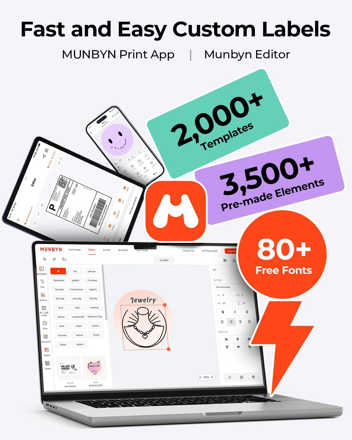 A laptop and tablet displaying the Munbyn Editor interface with various design elements, templates, and fonts for creating custom labels.