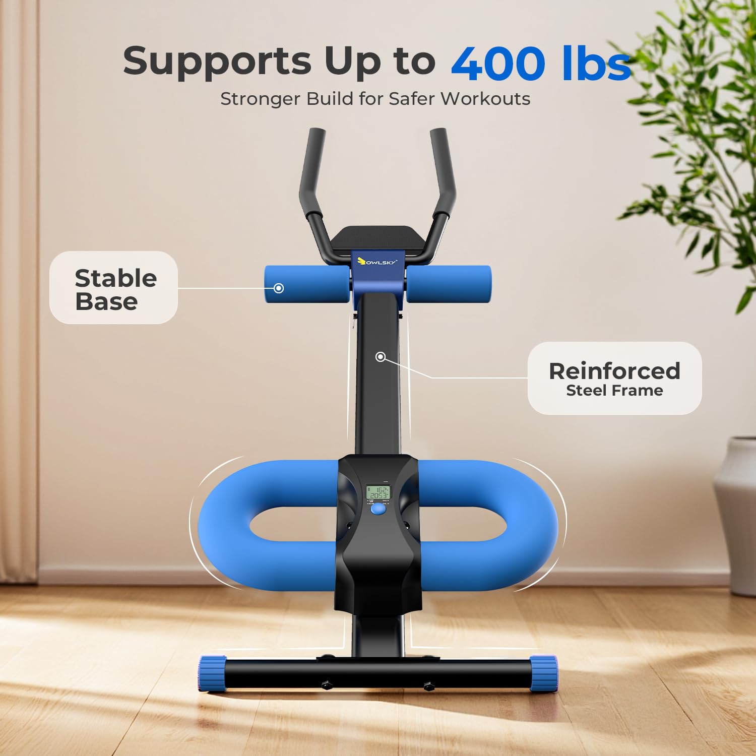 OWLSKY Ab Machine, Adjustable Ab Trainer Machine for Abs Workout at Home Gym, Foldable, Knee Protection, LCD Monitor, Device Holder, 400 LBS,Abdominal Trainer for Stomach Workout: Blue