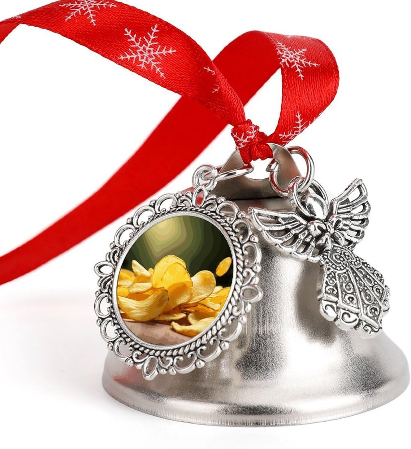 Potato Chips Bell Ornament Red Ribbon for Christmas Tree Holiday Decoration Personality Believe Bell Ornaments Sleigh Bells for Winter New Year Party Supplies