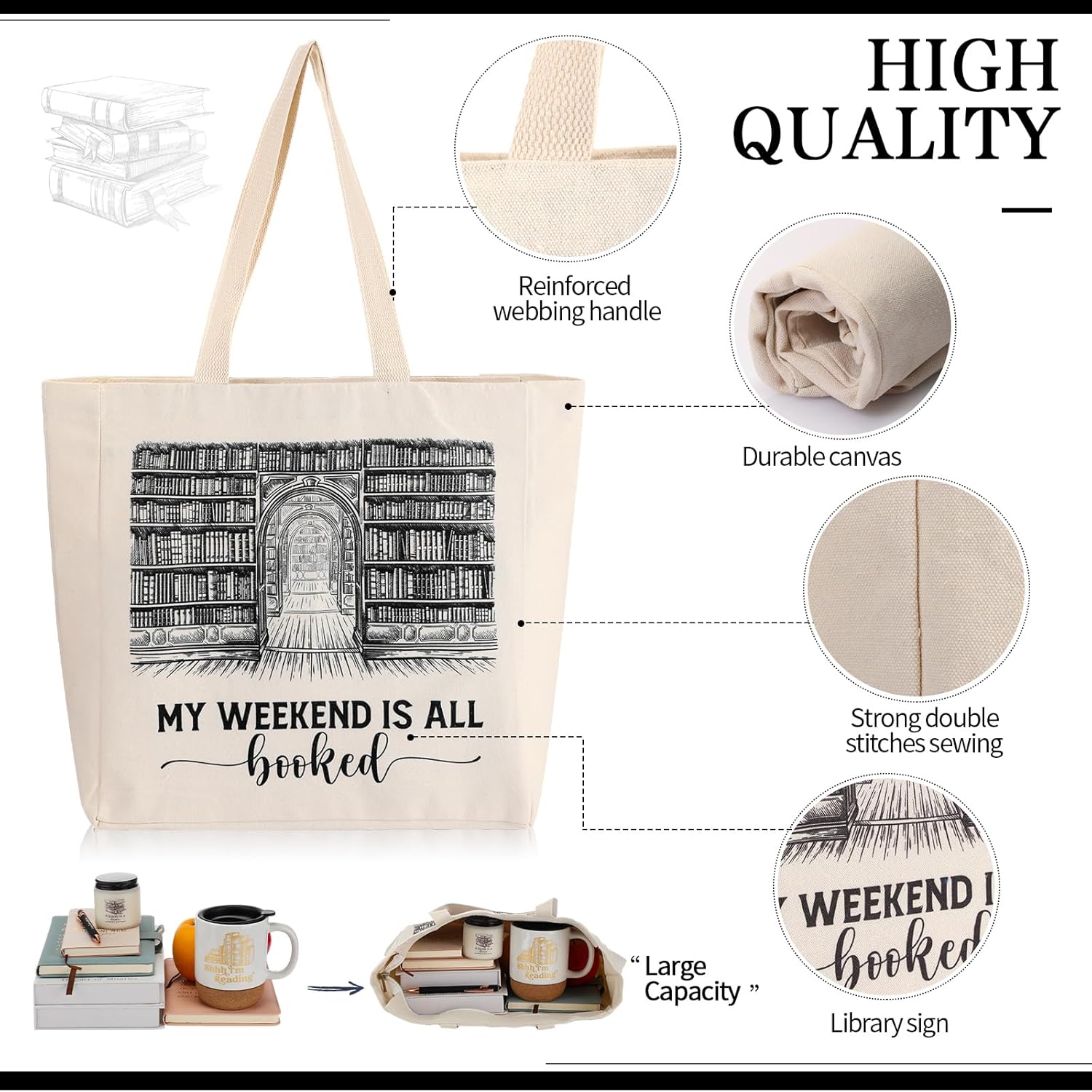 Moinchore Set of 5 Book Lover Gift for Reader Book Club Canvas Tote Bag Bookish Notebook Pen Ceramic Coffee Mug with Cork Bottom Scented Candle for Bookworm Teacher Librarian Appreciation Gift(White)
