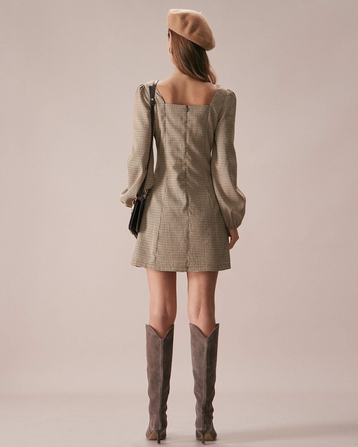 RIHOAS Women's Plaid Long Sleeve Square Neck Mini Dress, A-Line Slim Fit Button Dress for Women - Image 6