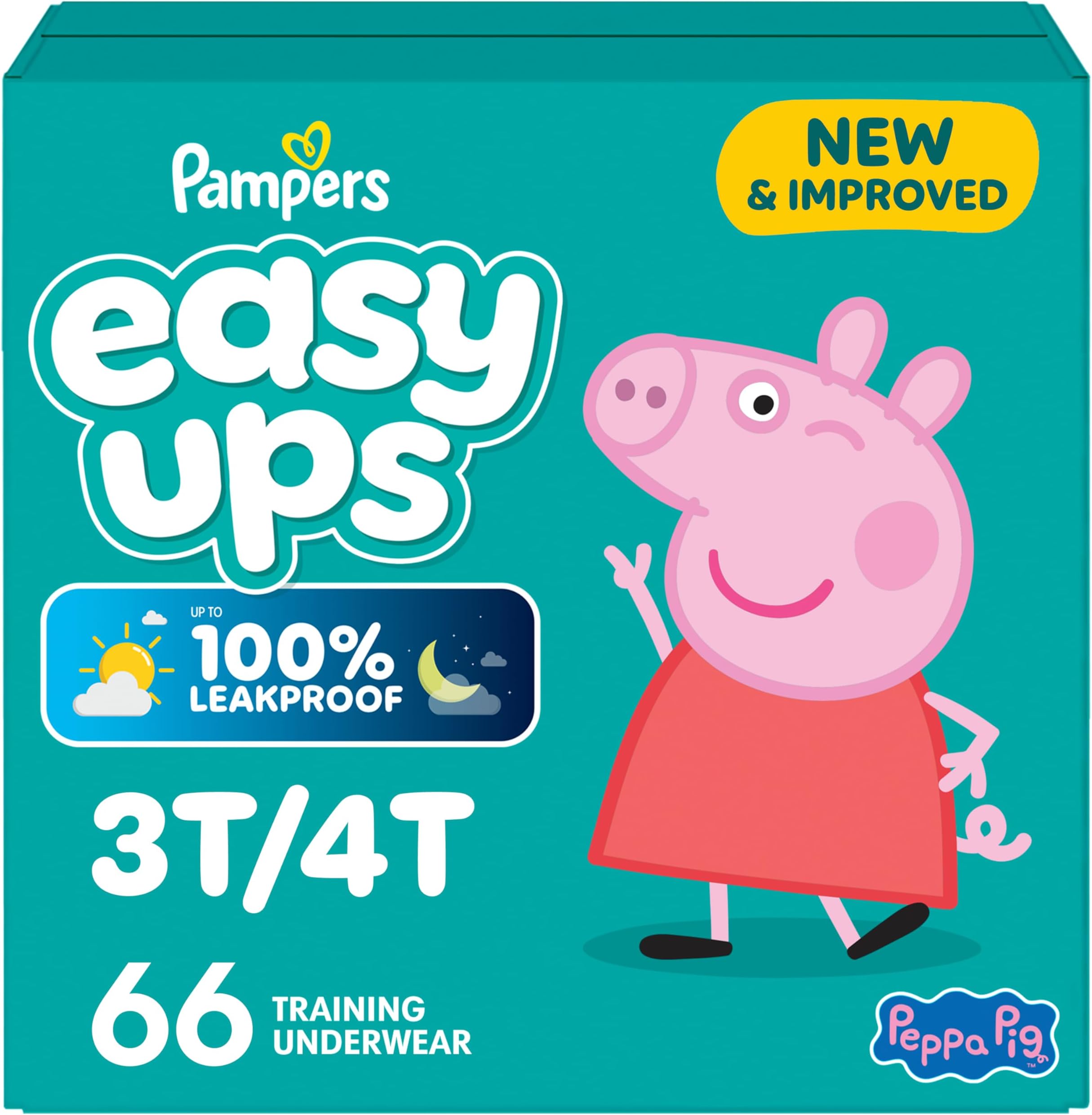 Easy Ups Girls & Boys Potty Training Pants, Size 5 (3T4T), 66 Count, Peppa Pig Absorbent Training Underwear, Up to 100% Leakproof Day and Night, Hypoallergenic