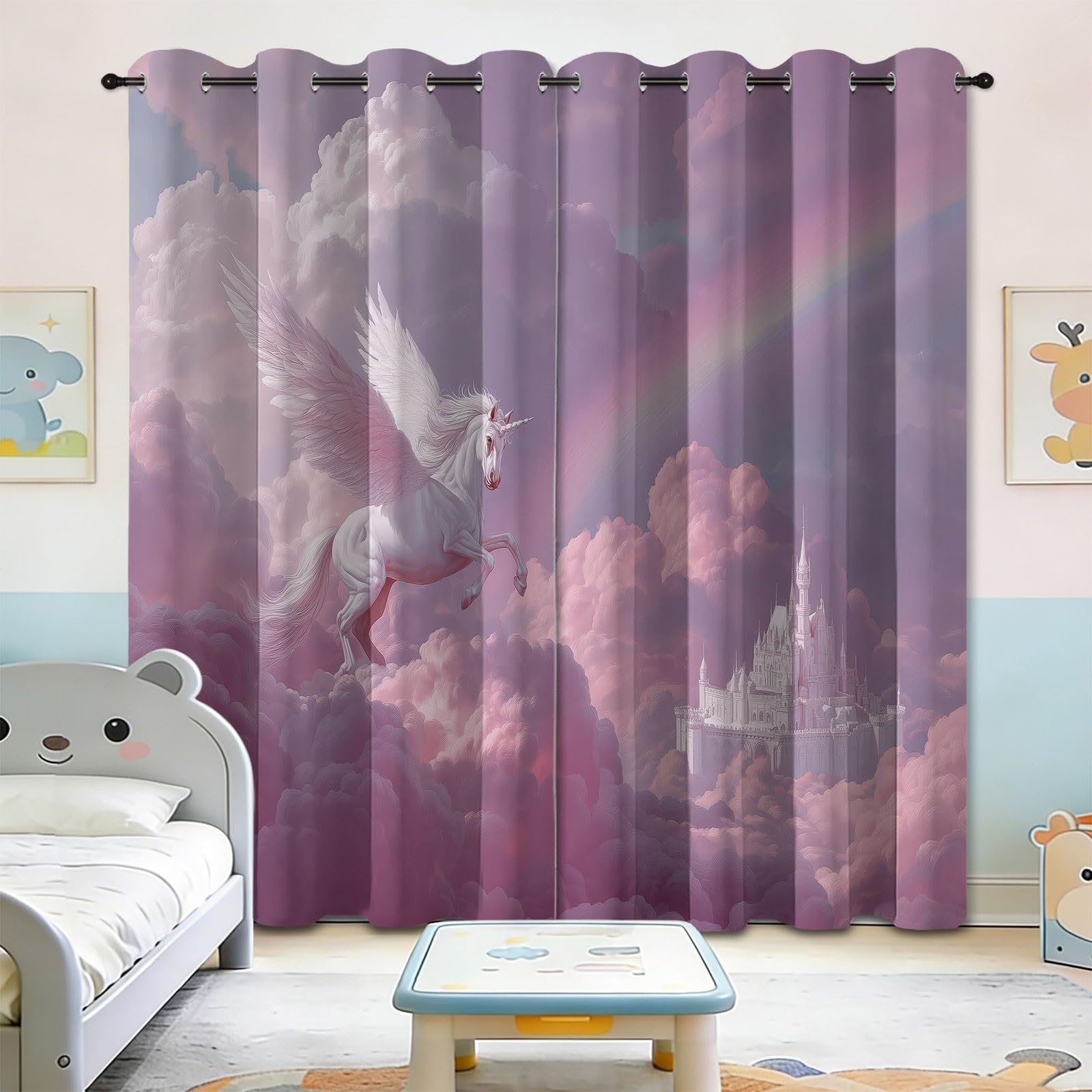 Rideau Occultant 3D Impression Licorne Château Arc en Ciel, Rideaux Salon Isolant Réduction du Bruit 140L x 245H cm (2 Panneaux) Dessin Animé Féerique Rideaux De pour Chambre Décoration