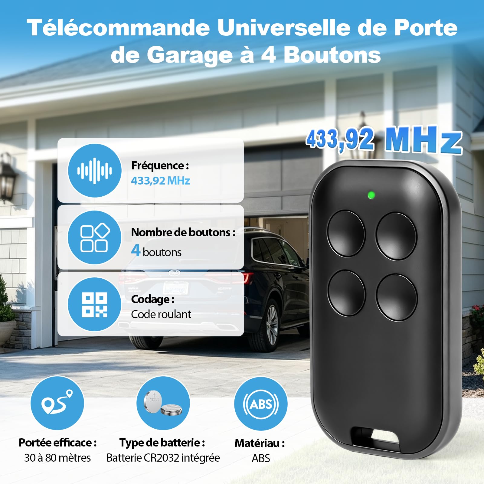 114258 Télécommande Portail pour Avidsen Lot de 3, Bip 4 Boutons 433,92 MHz Rolling Code, Haute Sécurité Portée 80m, Compatible avec Extel/Thomson/Astrell